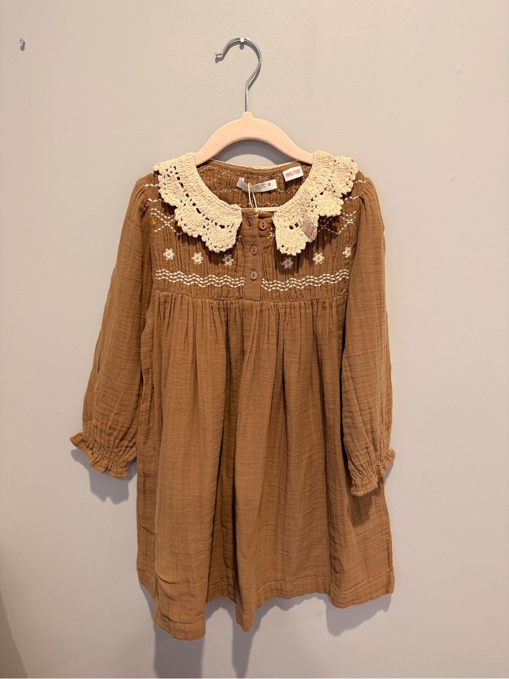 Girls' Zara Long-Sleeve Dress with Cream Crochet Collar